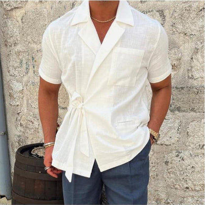 Herren Leinenhemd Wickel Optik Elegant Sommer - BerlinGlamour