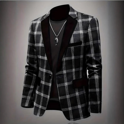 Herren Blazer Karo Elegant Samt Revers Modern