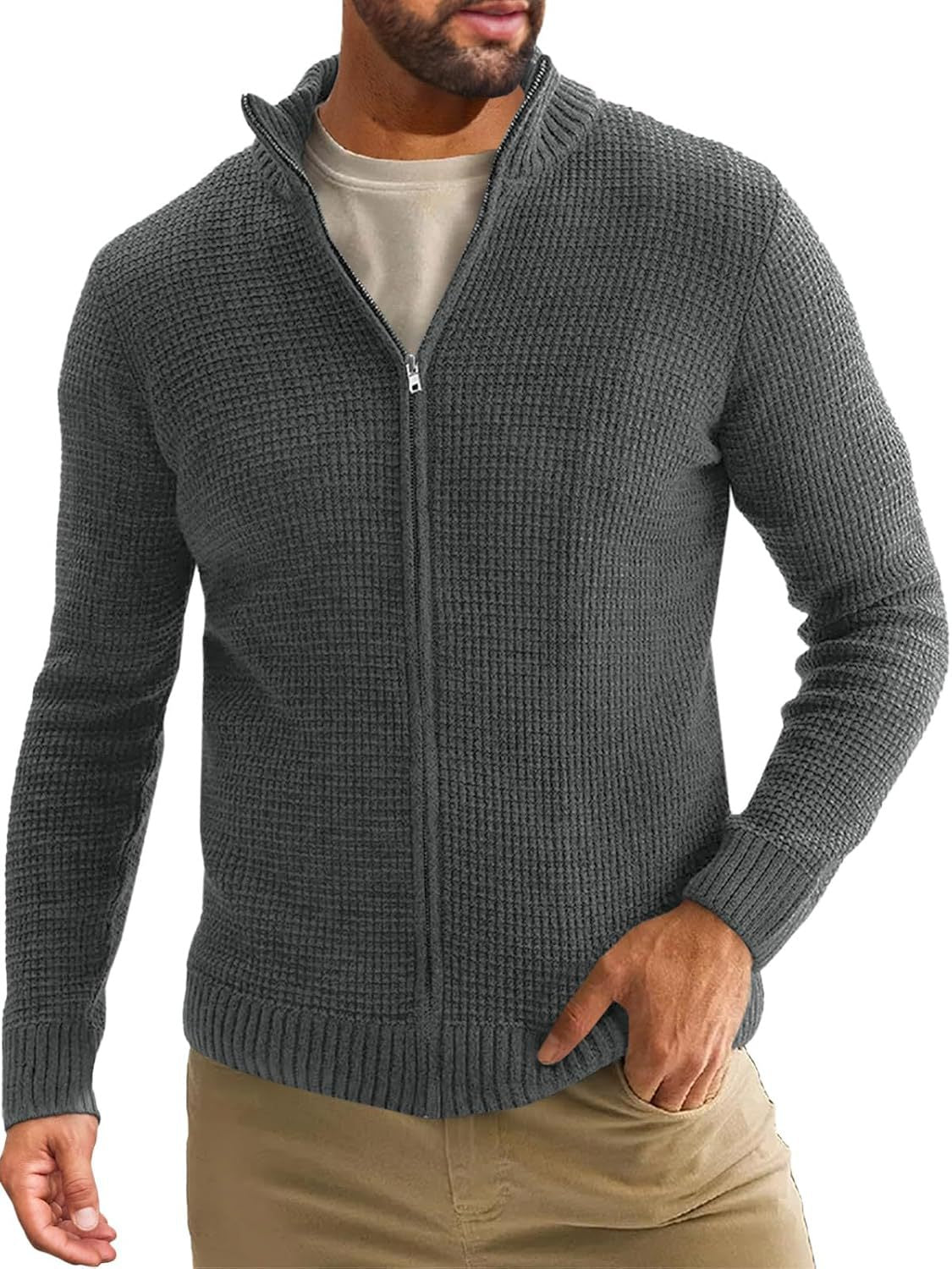 Herren Strickjacke Lang Reißverschluss Hochkragen Winter