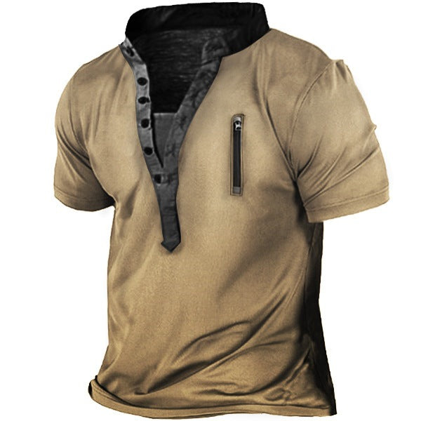 Herren T-Shirt Kurzarm Stehkragen Reißverschluss Tasche Modern - BerlinGlamour