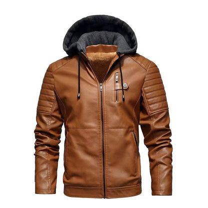 Herren Lederjacke mit abnehmbarem Kapuzenfutter Schwarz Ledermantel