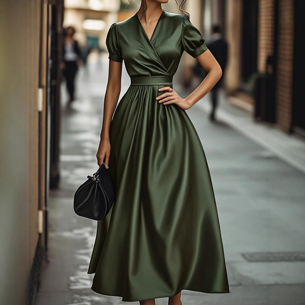 Elegantes Damen Maxikleid Wickeloptik Puffärmel