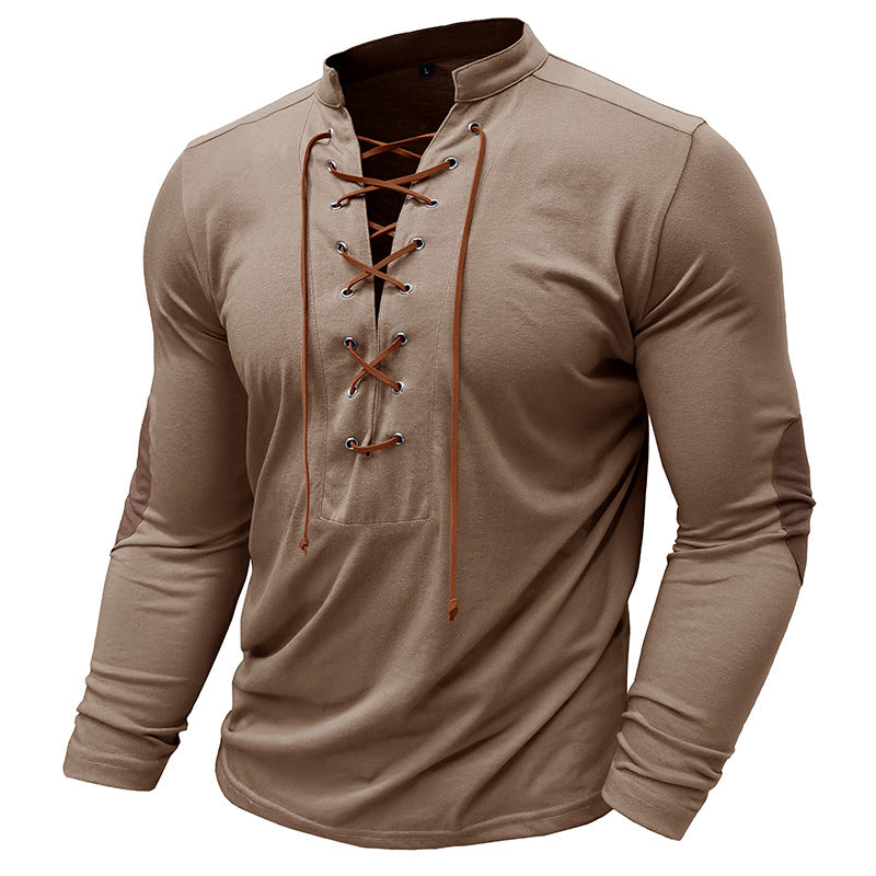 Herren Langarmshirt Modern mit Schnürung und V-Ausschnitt