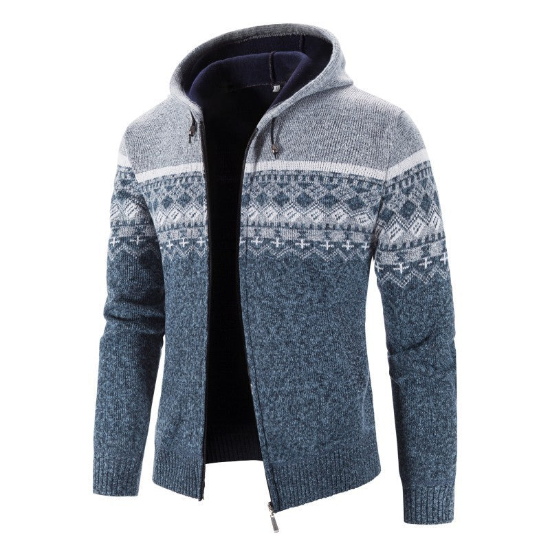 Herren Strickjacke Kapuze Elegant Grau Schwarze Muster