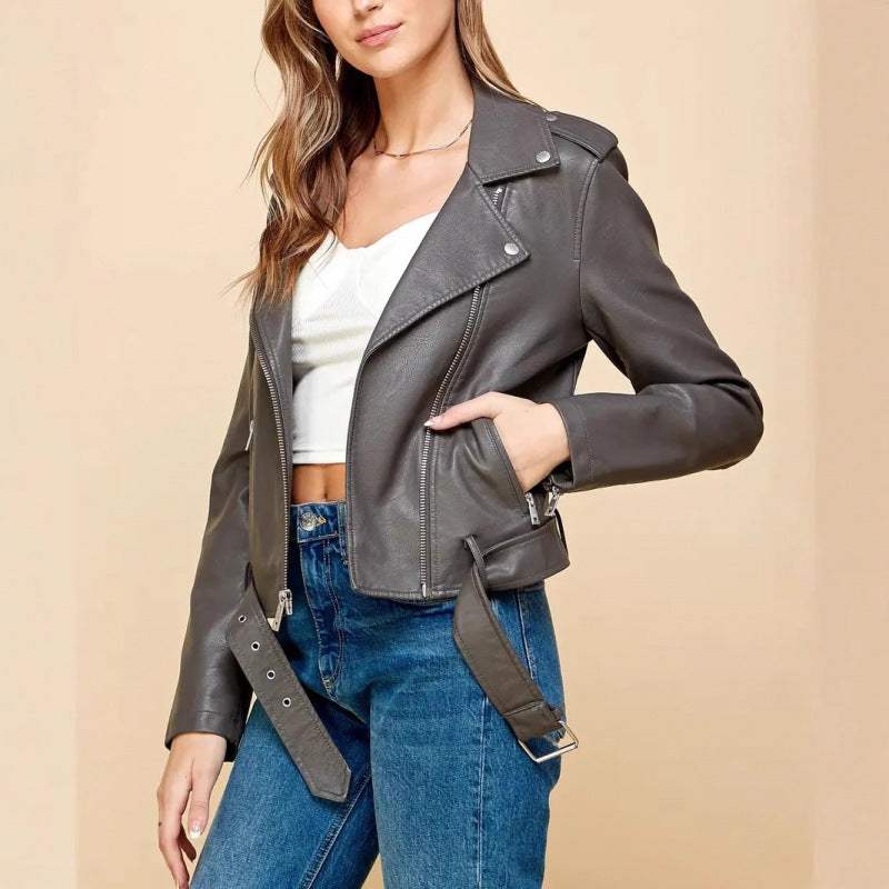 Damen Bikerjacke Lederoptik Tailliert Geschnitten