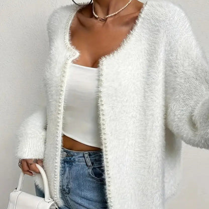 Damen Strickjacke Flauschig mit Perlen Verzierung