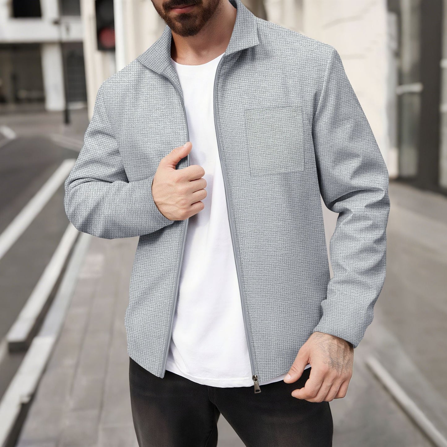 Herren Lederjacke Modern mit Brusttasche Schwarz