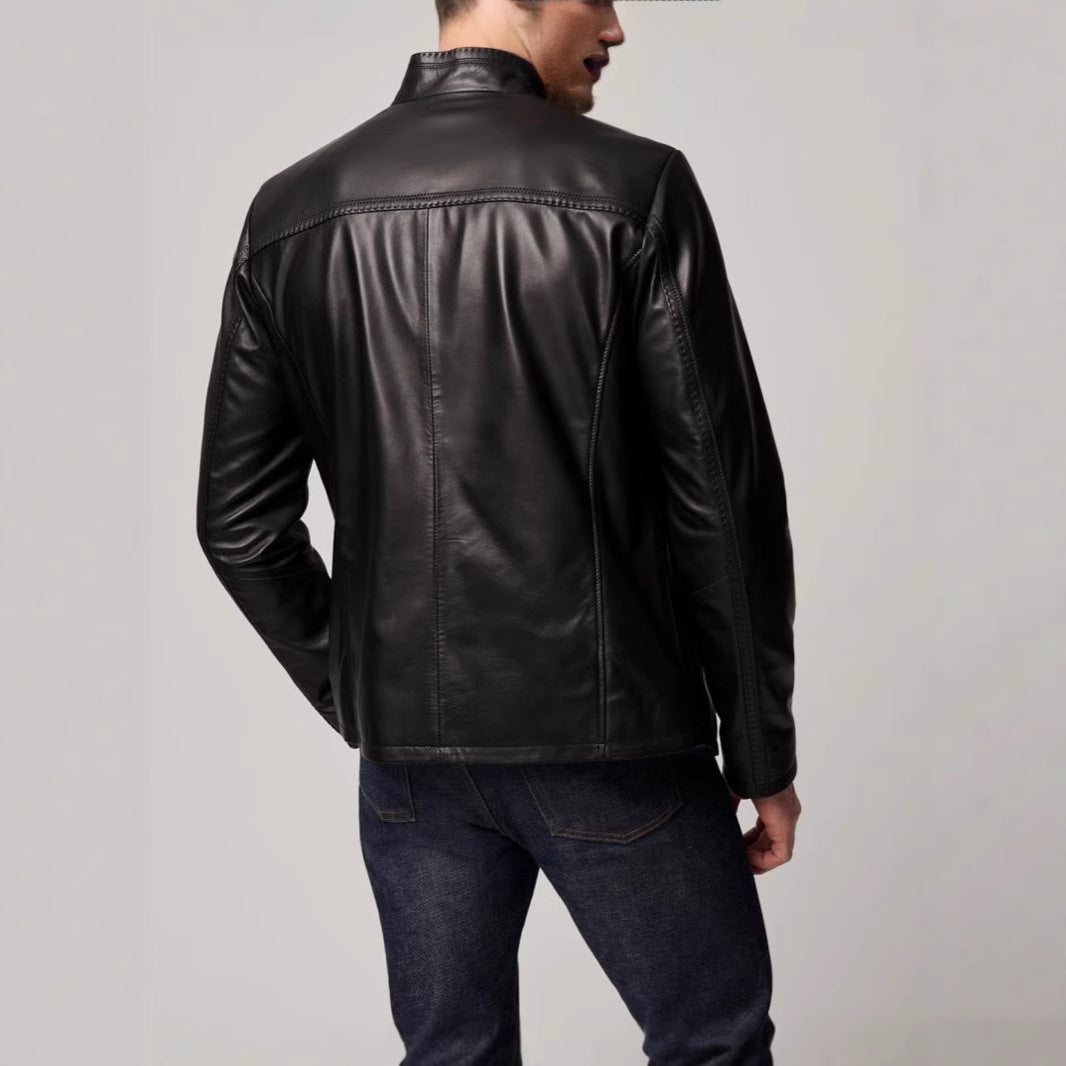 Herren Lederjacke Elegante Ledermantel Hochkragen Schwarz