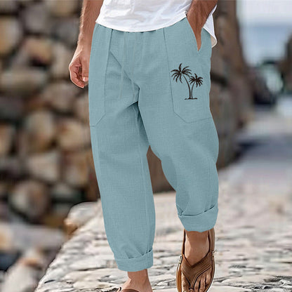 Herren Leinenhose Cargo Bequem mit Taschen Palmen-Muster