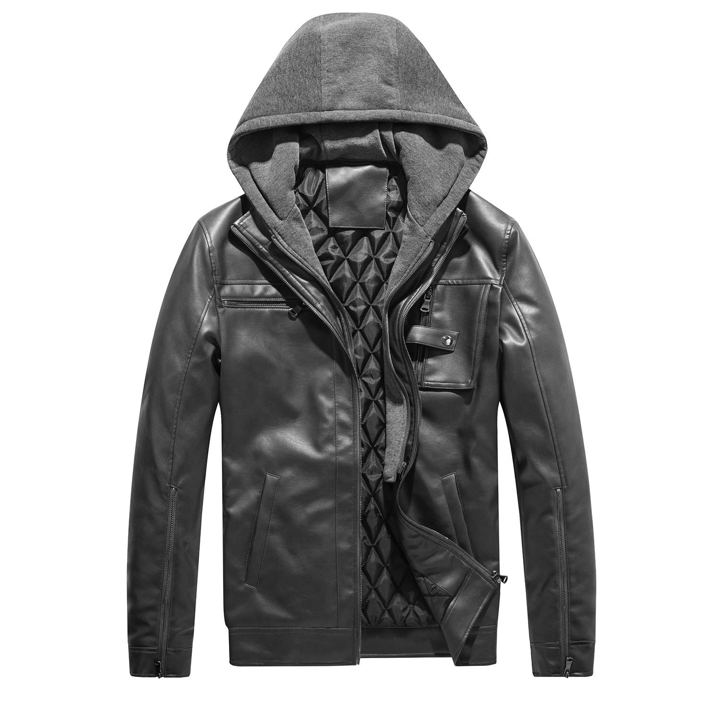 Lederjacke Herren mit Kapuze Schwarz Modern