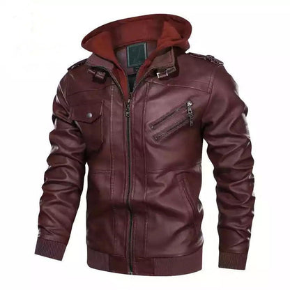 Lederjacke Herren Kunstleder mit Kapuze Schwarz Elegant