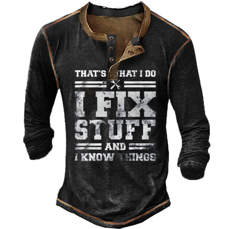 der neue Titel: Herren Langarm Henley-T-Shirt mit kreativem Druck und stilvollem Knopfverschluss BerlinGlamour