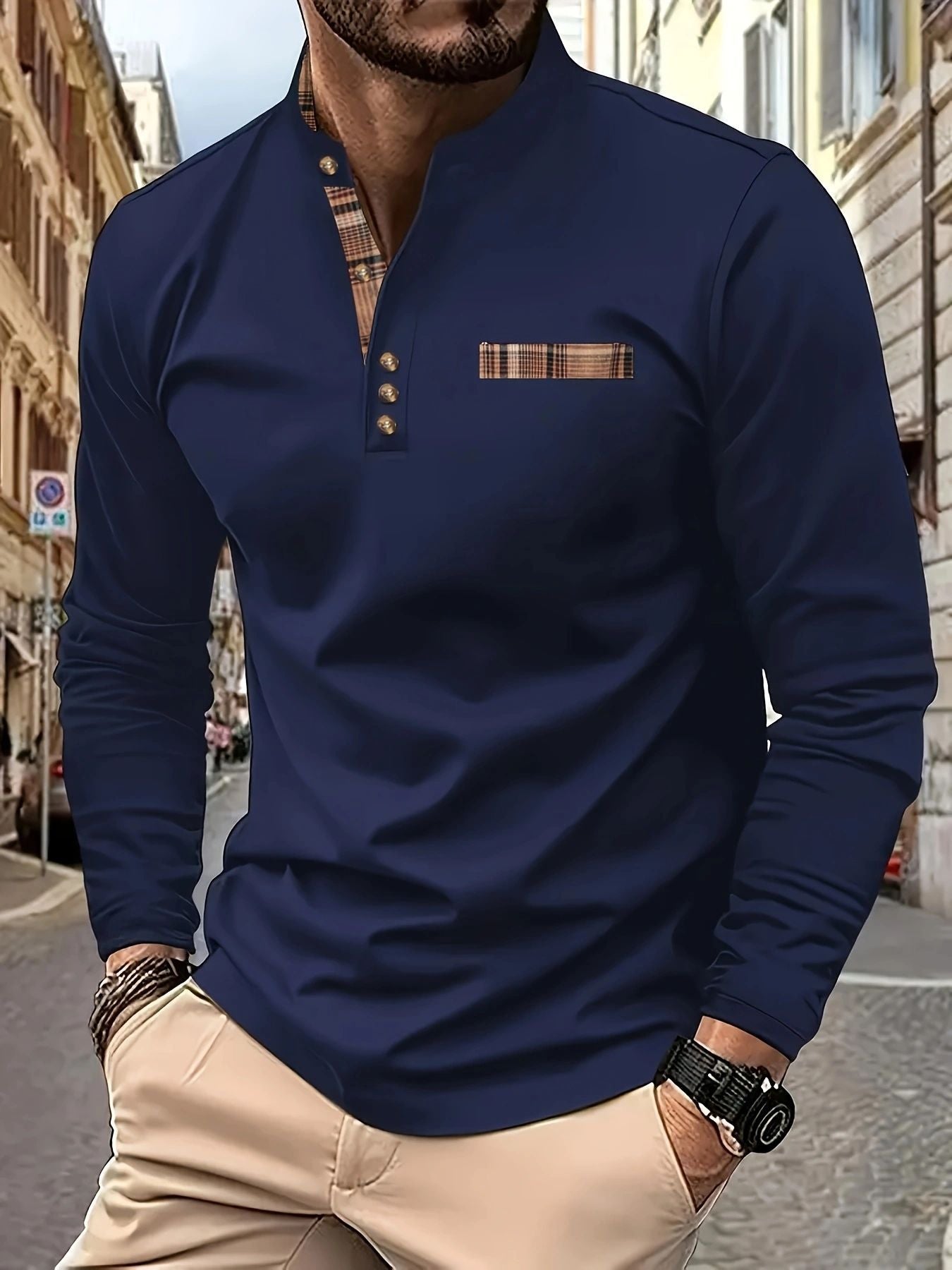 Herren Poloshirt Langarm Karomuster Modern
