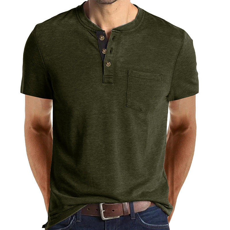 Herren T-Shirt Henley Style Knopfleiste Brusttasche Casual