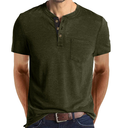 Herren T-Shirt Henley Style Knopfleiste Brusttasche Casual