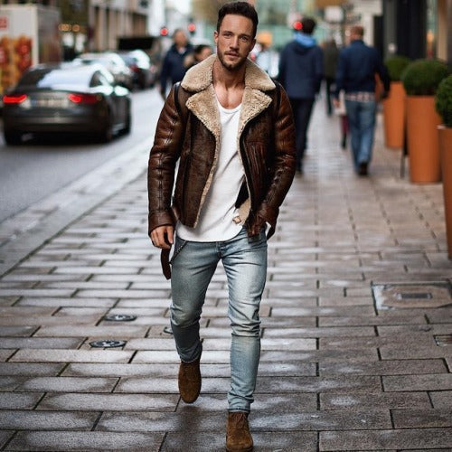 Lederjacke Herren Bikerstil Robust mit Weichfutter