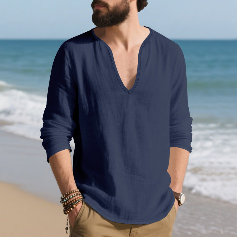 Herren Langarmshirt V-Ausschnitt Baumwoll Modern