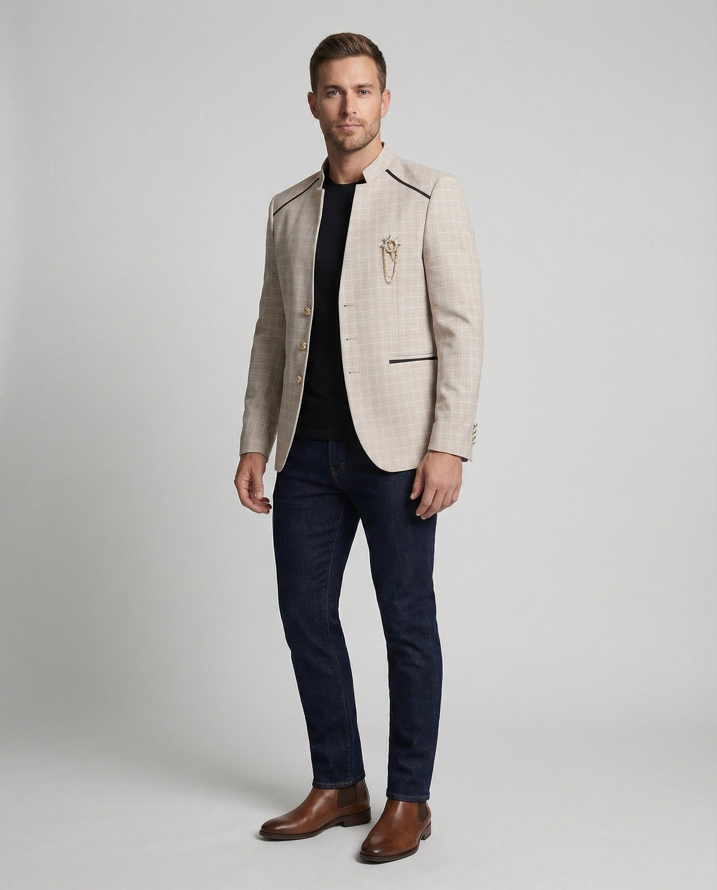 Herren Blazer Stehkragen Karo Modern