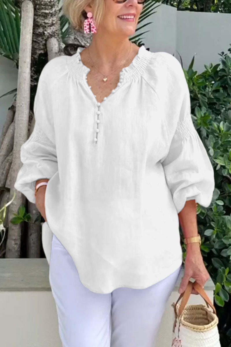 Damen Bluse Leicht Elastisch Puffärmel Knöpfe