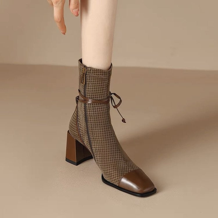 Damen Stiefeletten Karomuster Schnürstiefeletten Elegante Mode - BerlinGlamour