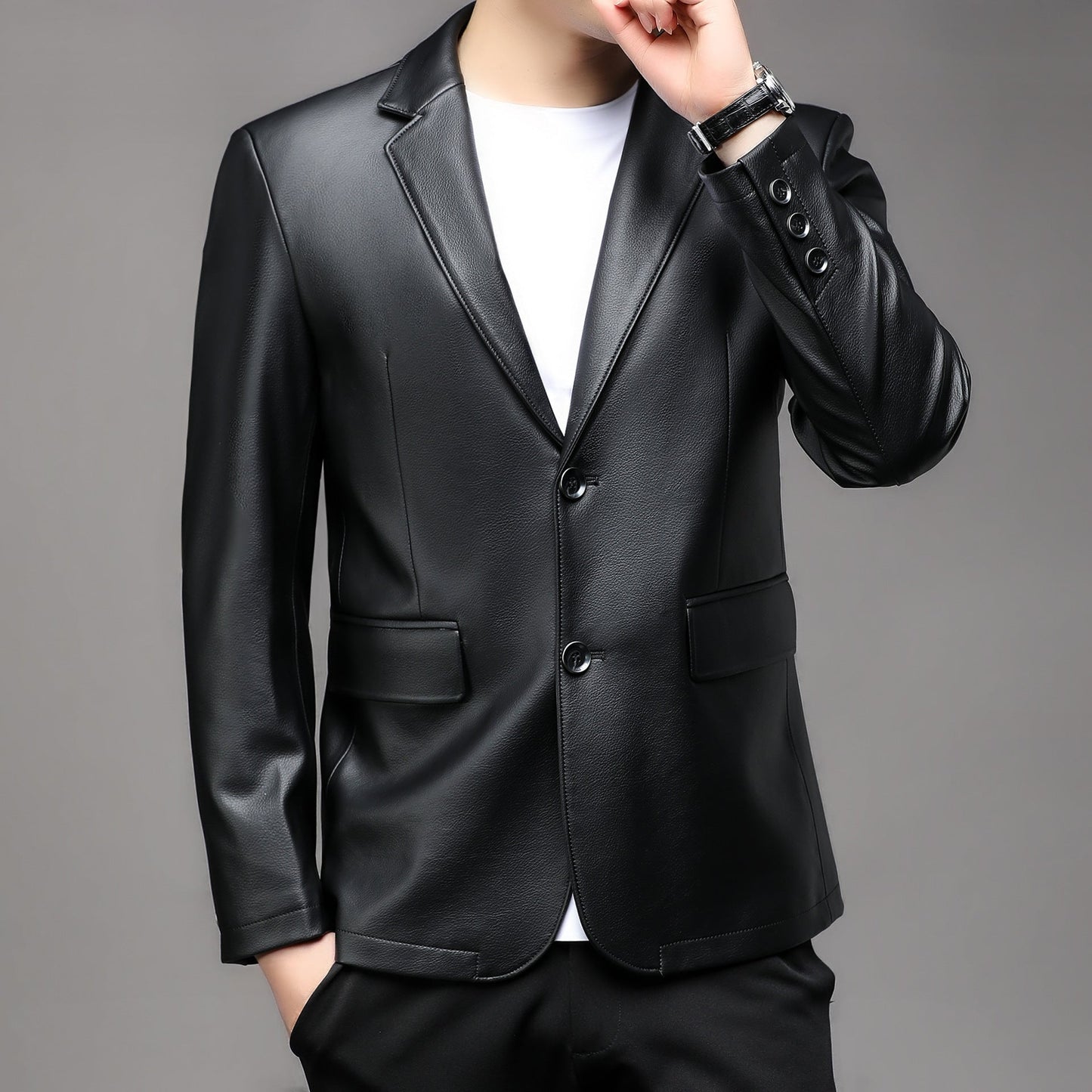 Herren Blazer Kunstleder Elegant Klassisch Schwarz