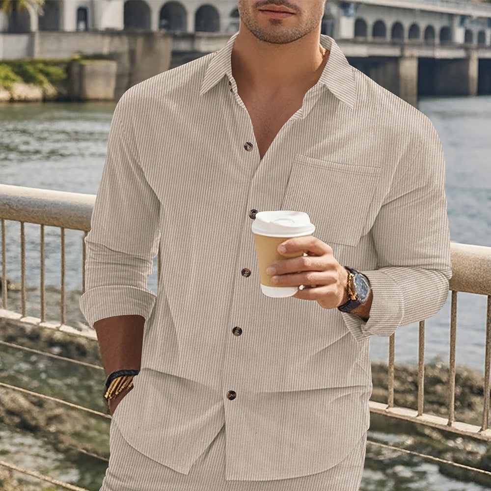 Herren Langarmshirt Streifen Stehkragen mit Brusttasche Modern - BerlinGlamour