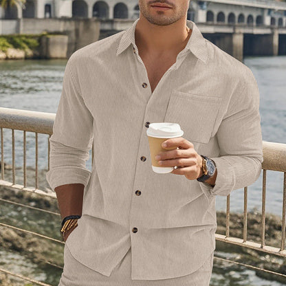 Herren Langarmshirt Streifen Stehkragen mit Brusttasche Modern - BerlinGlamour