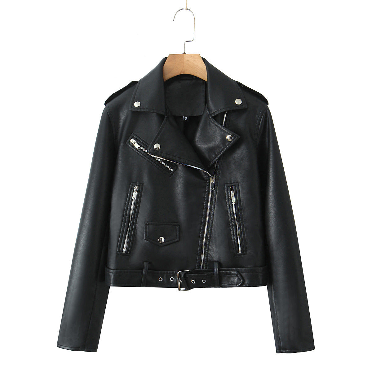 Leder Bikerjacke Damen Schnallenverschluss Schwarz