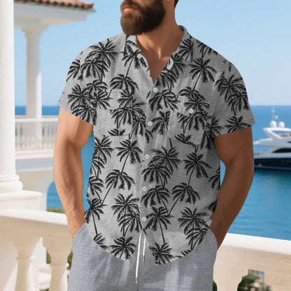 Herren-Hemd Kurzarm Tropen-Muster Bequem Sommer