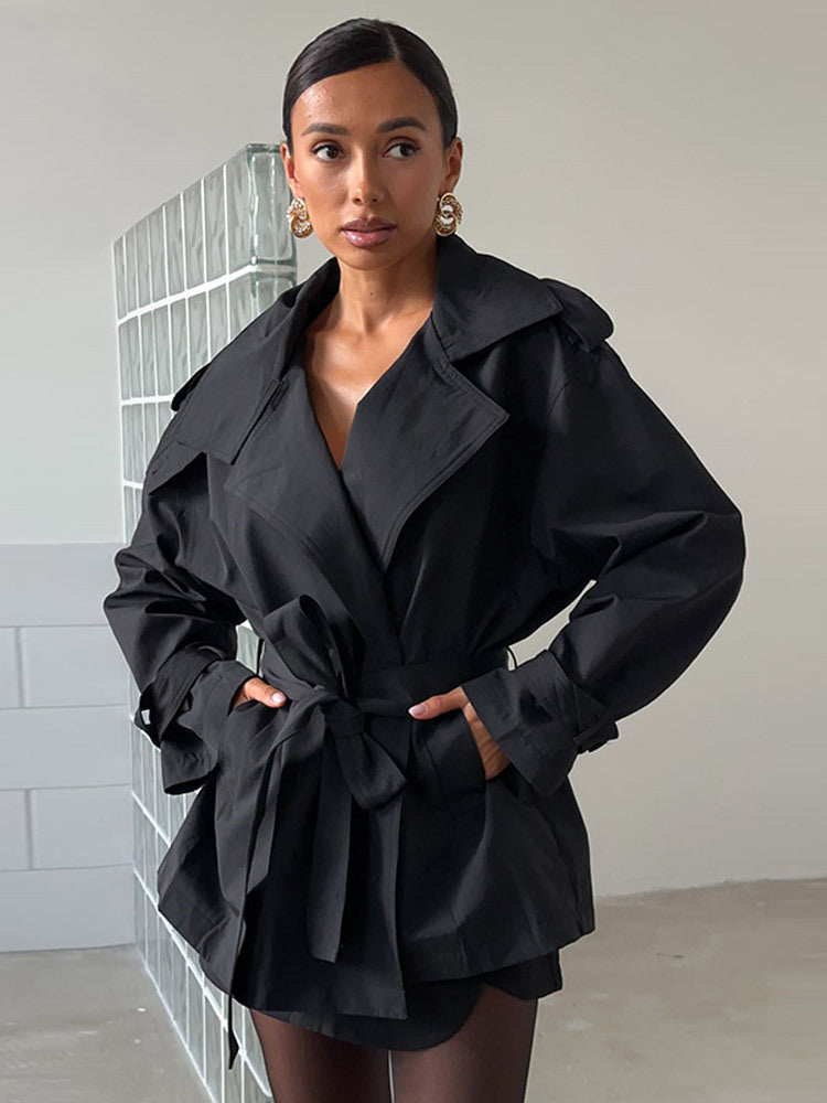 Damen Trenchcoat Kurzjacke Modern mit Taillengürtel und Taschen