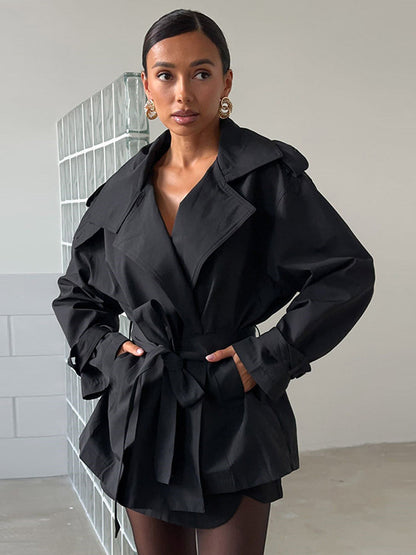 Damen Trenchcoat Kurzjacke Modern mit Taillengürtel und Taschen