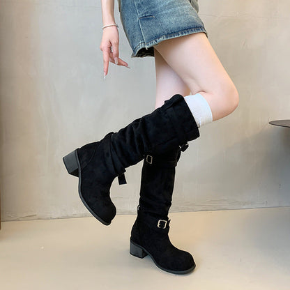 Damen Stiefel High Heel Schnalle Blockabsatz Bequem