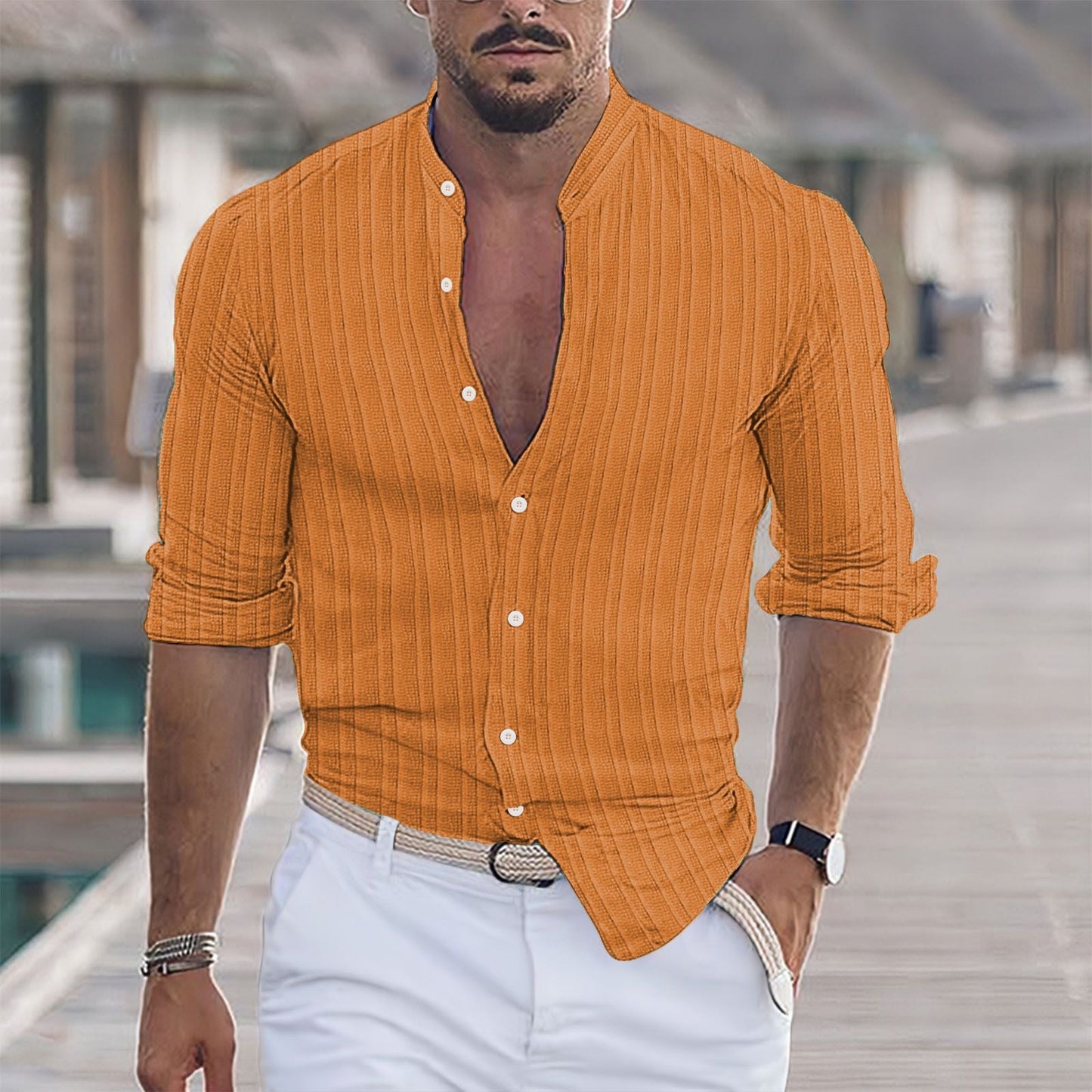 Herren Hemd Modern Stehkragen Strukturiert Trendy