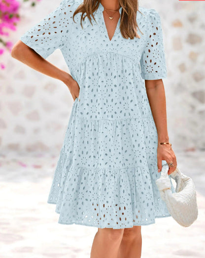Sommerkleid Damen V-Ausschnitt Rüschensaum Broderie