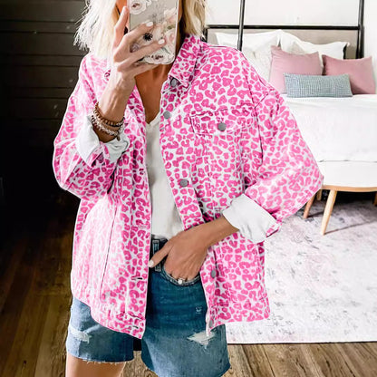 Damen Jeansjacke Lässig Mit Leopard-Druck Modern - BerlinGlamour