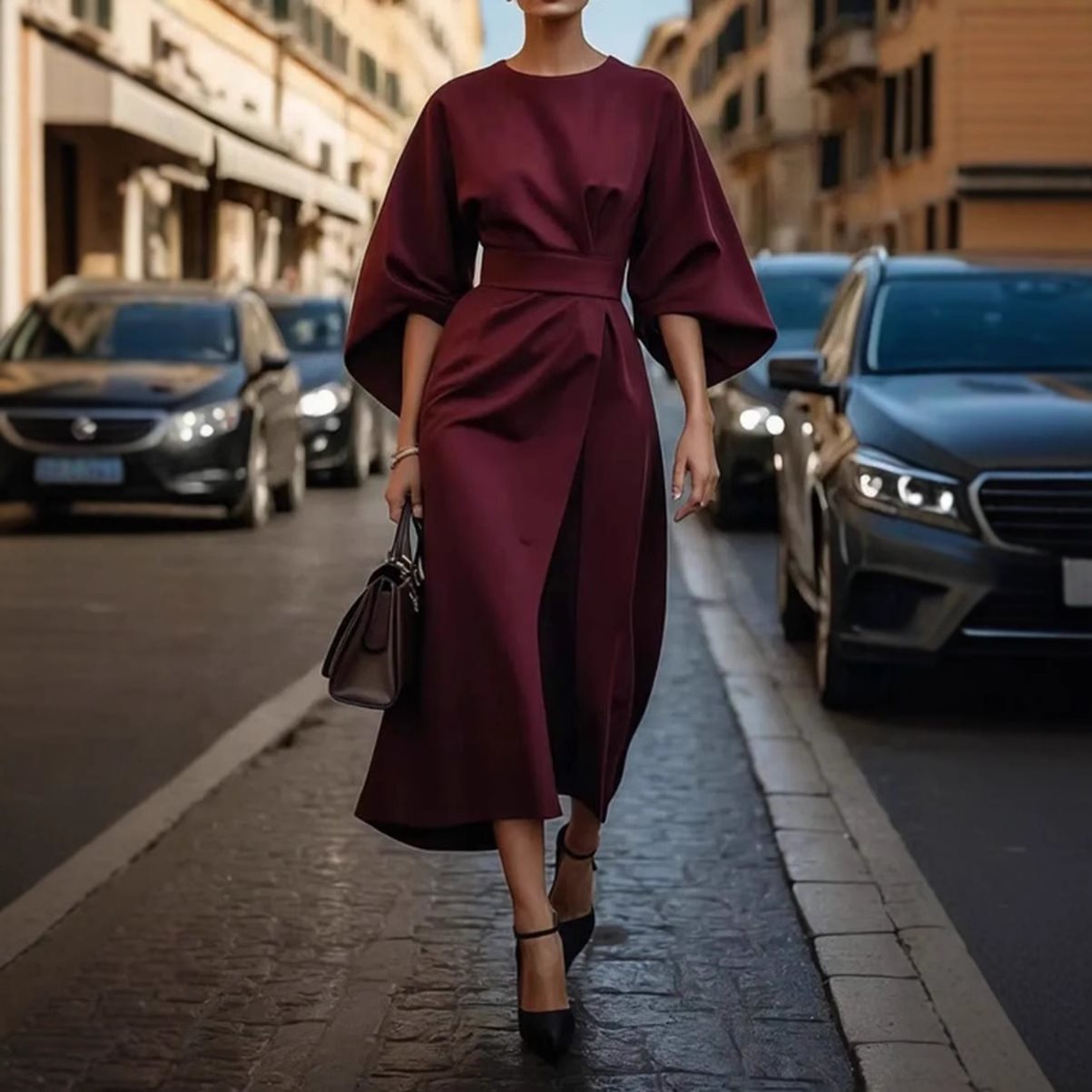 Damenkleid Midikleid Puffärmel Elegant