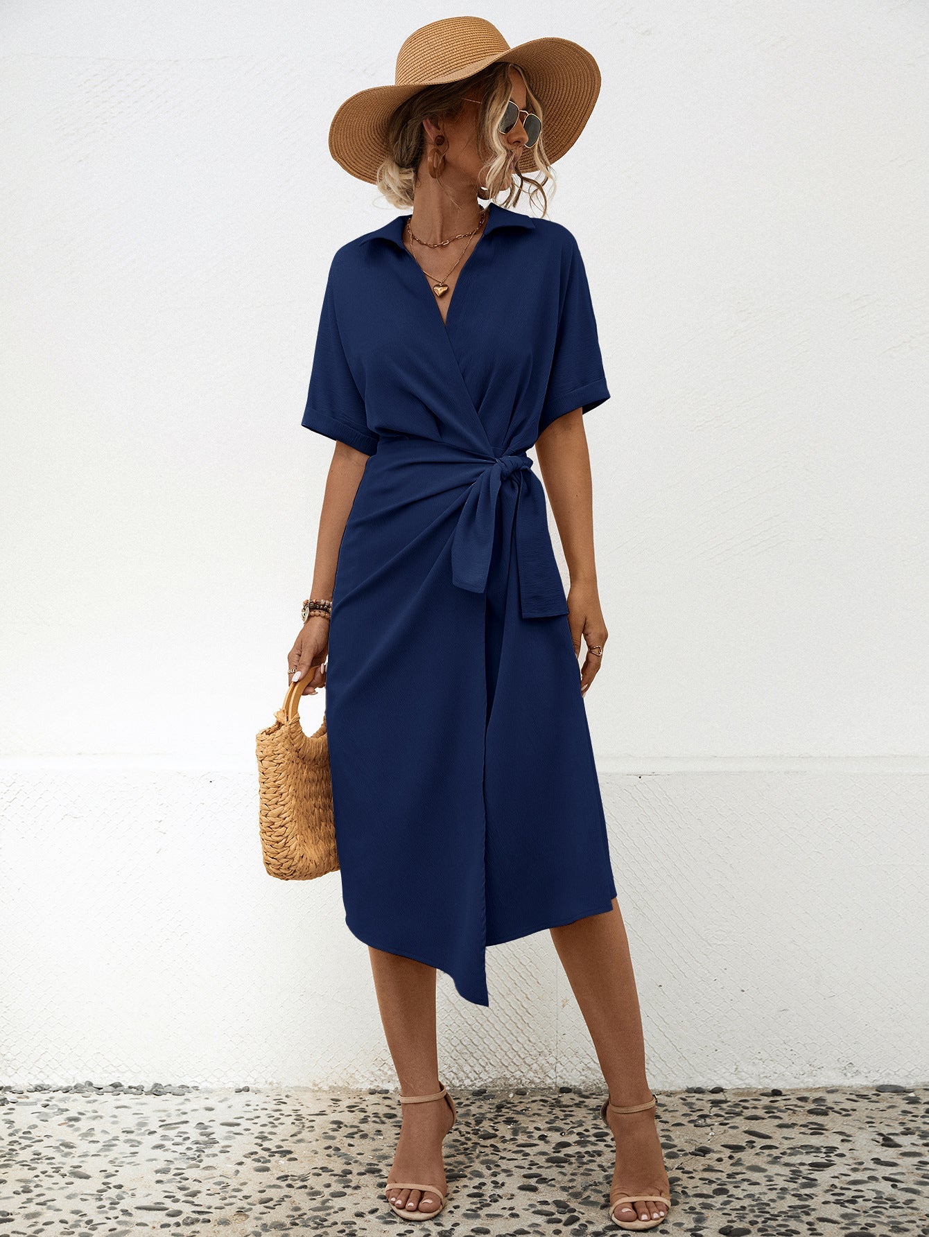 Elegantes Damen Wickelkleid mit Kragen und Gürtel