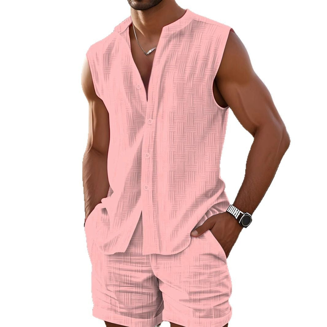 Männer Ärmellos Hemd Set Casual Knopf Oberteil