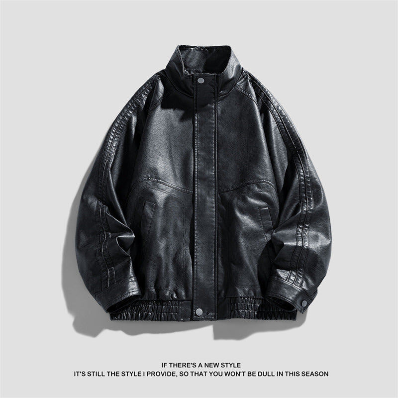 Herren Lederjacke Modern mit Hoher Kragen und Reißverschlusstaschen - BerlinGlamour