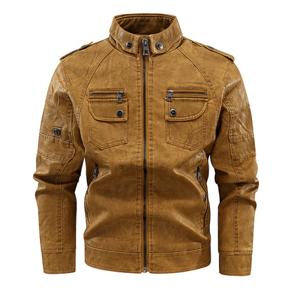 Herren Lederjacke Bikerstil Mit Taschen Schwarz