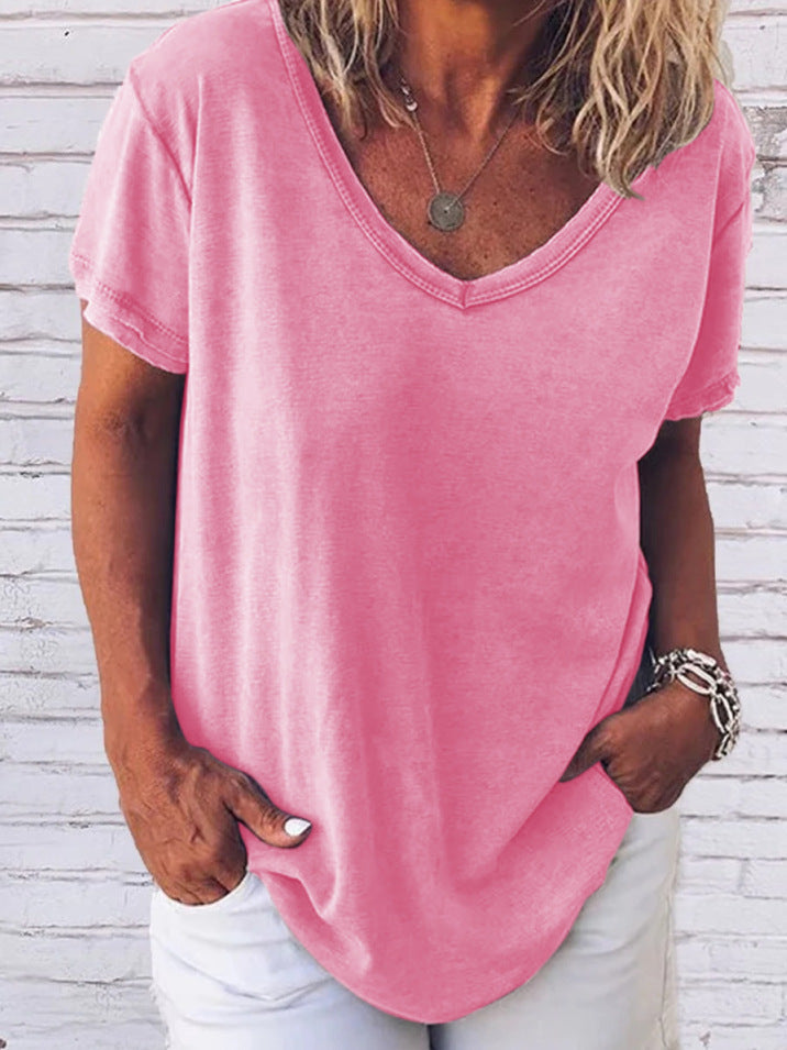Damen T-Shirt Einfarbig V-Ausschnitt Kurzarm Modern