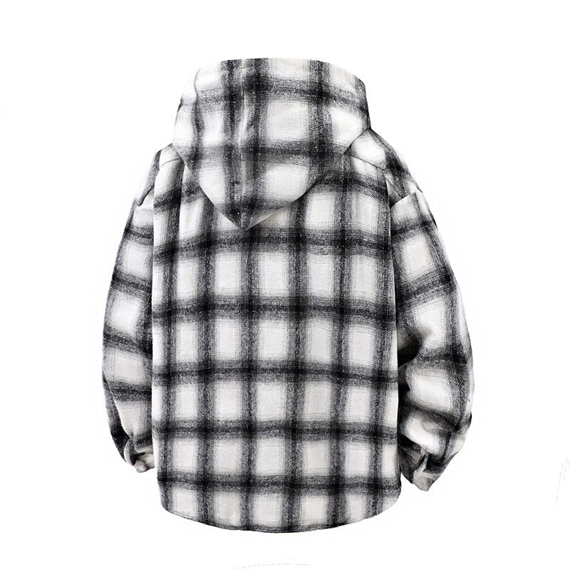 Herren Winterjacke Karomuster Kapuze Knöpfe Modern