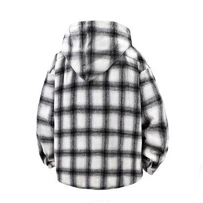 Herren Winterjacke Karomuster Kapuze Knöpfe Modern