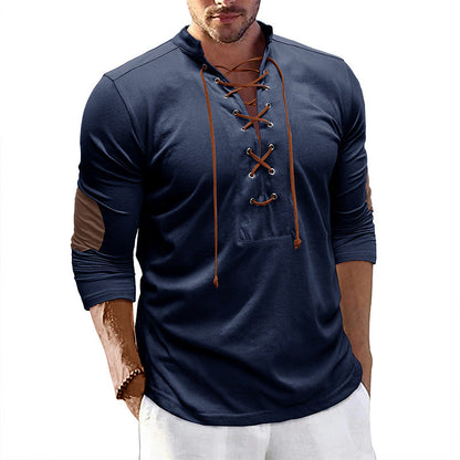 Herren Langarmshirt Mit Latzkordel Kontrastärmel Modern