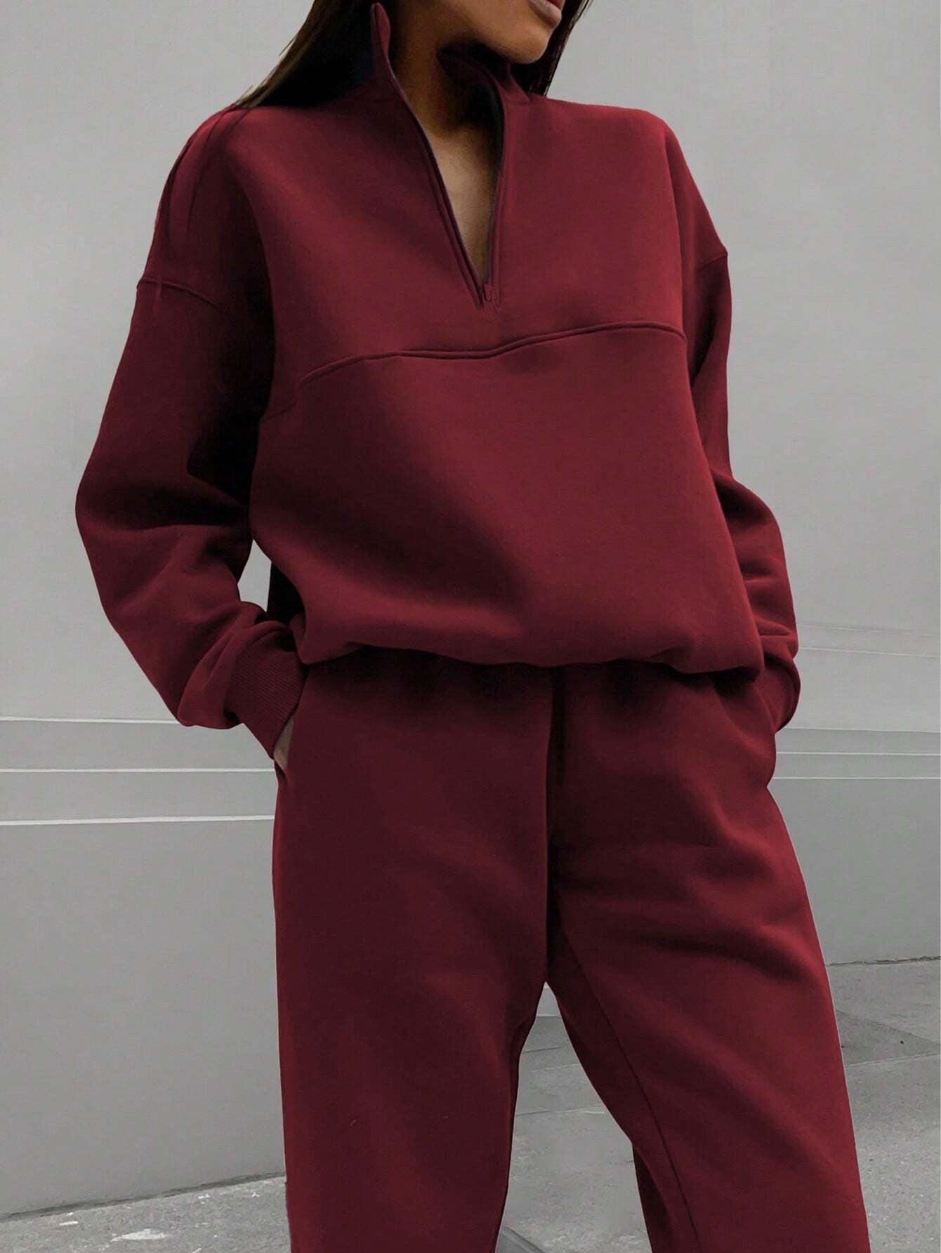 Damen Pullover Oversized Bequem Langarm Mit Halbem Reißverschluss