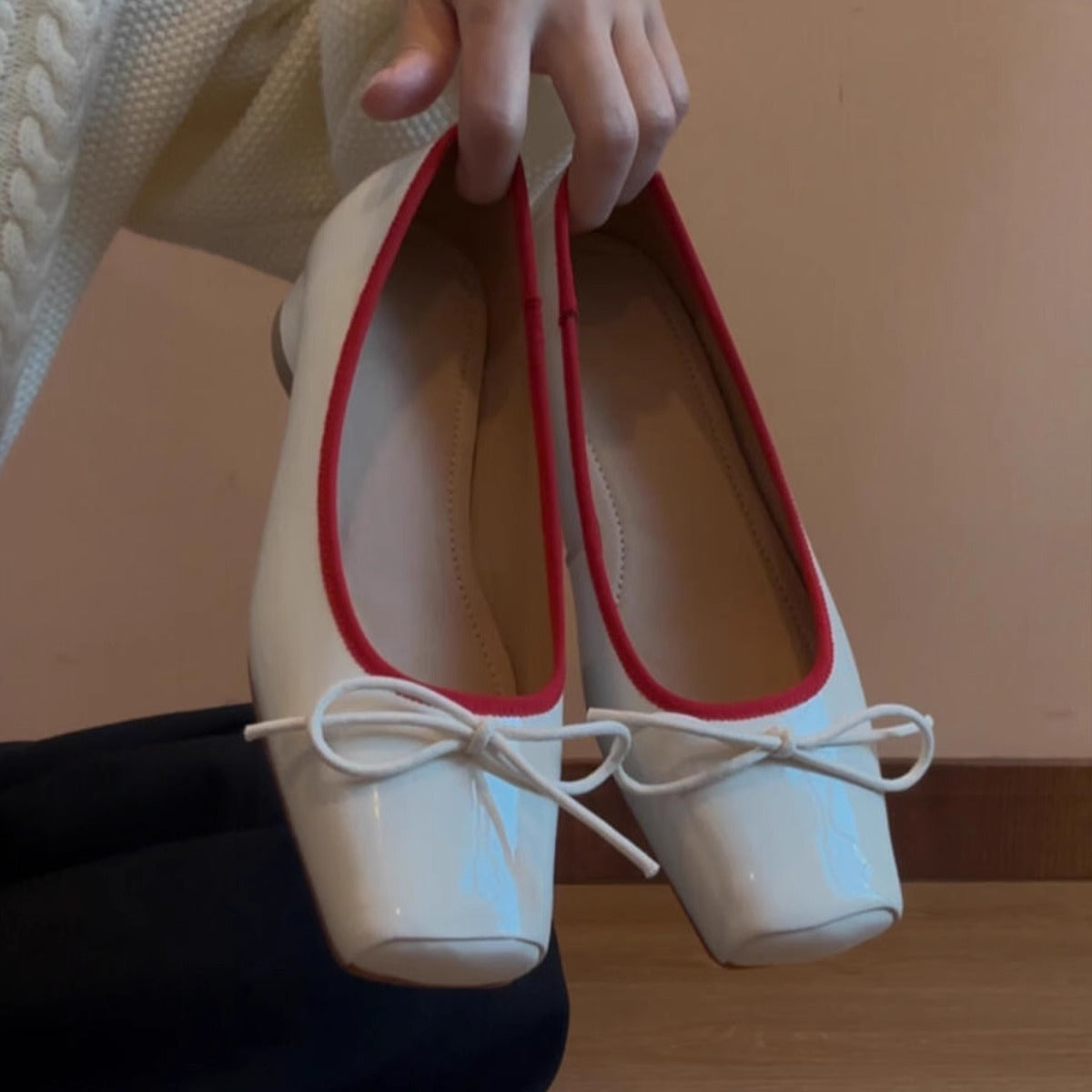 Damen Ballerinas Glänzend mit Schleife Spitze