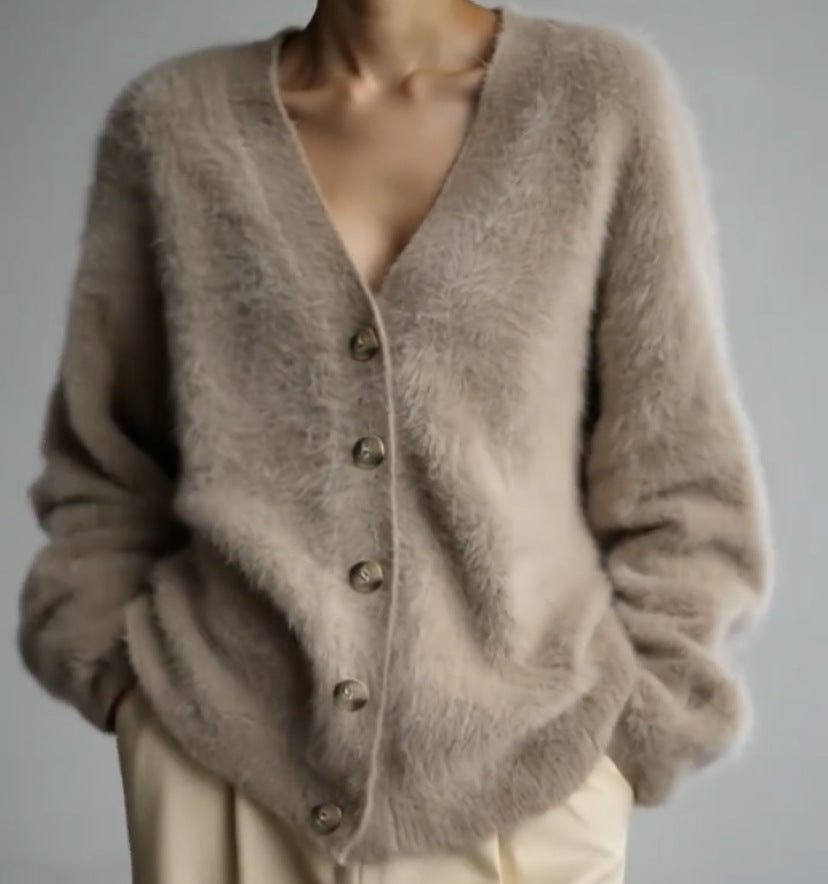 Damen Strickjacke Flauschig V-Ausschnitt Große Knöpfe