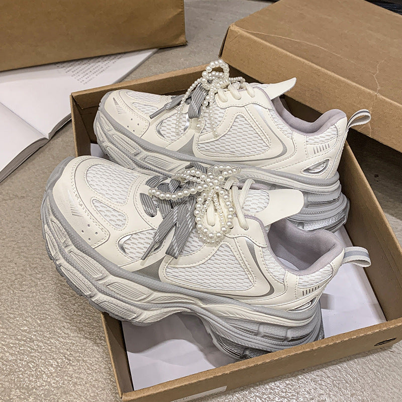 Damen Sneaker Sportlich Perlen Schnürsenkel Modisch