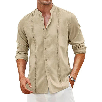 Herren Leinenhemd Langarm Stehkragen Elegent Modern