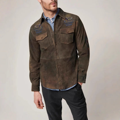 Herren Lederhemd Wildleder Ethno Style schwarz